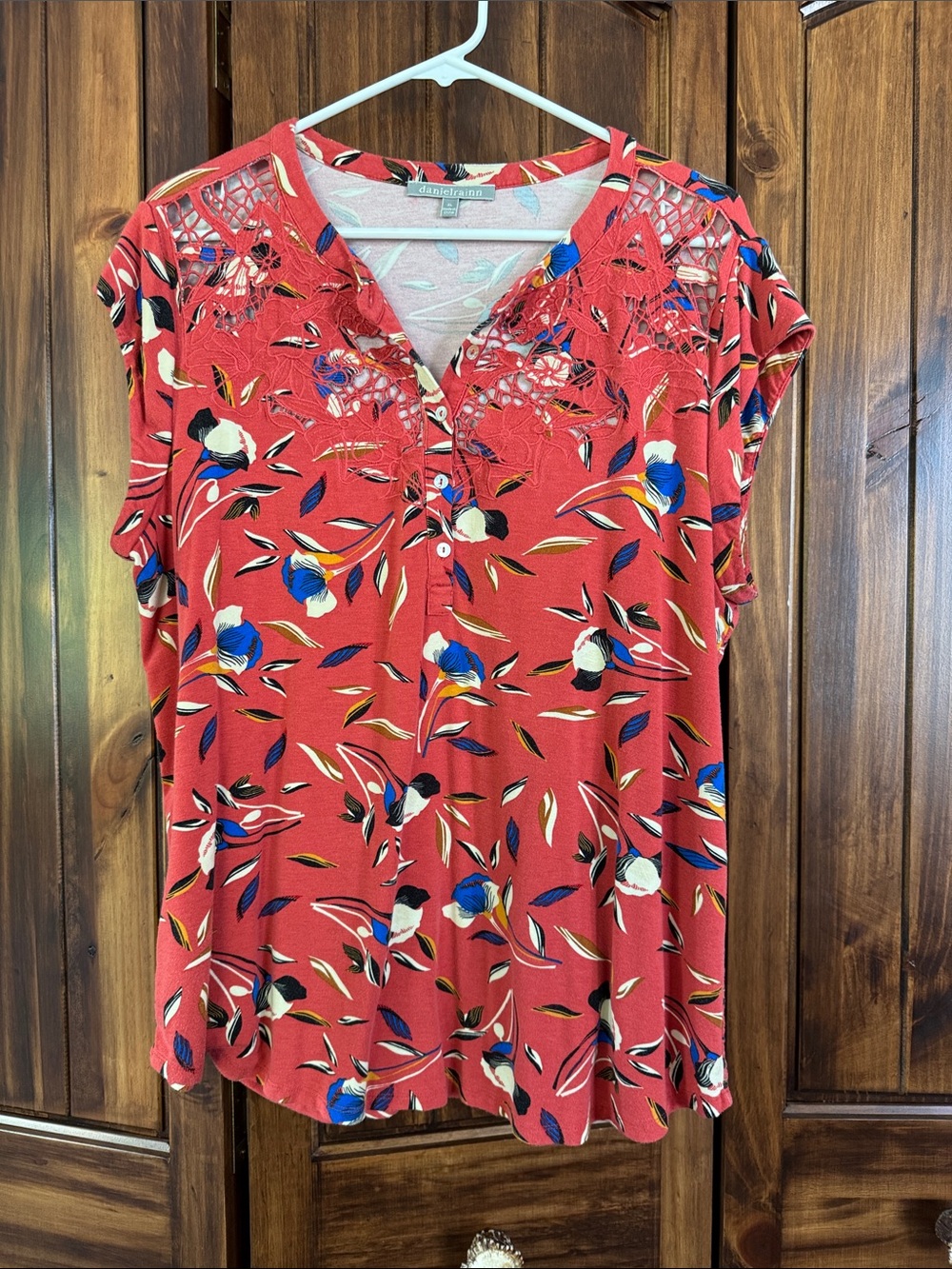 Daniel Rainn Floral Lace-Yoke Button V-Neck Blouse
